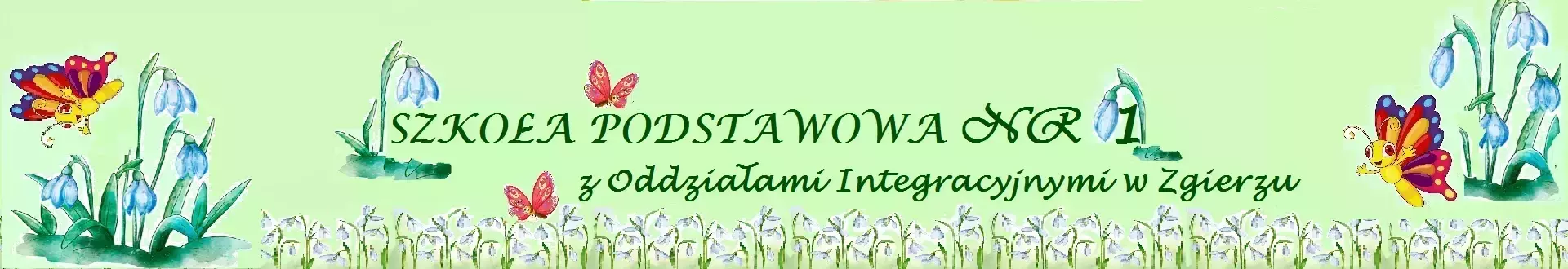 Baner wiosenny: Grafika z przebiśniegami i motylami na zielonym tle.W części centralnej  nazwa szkoły