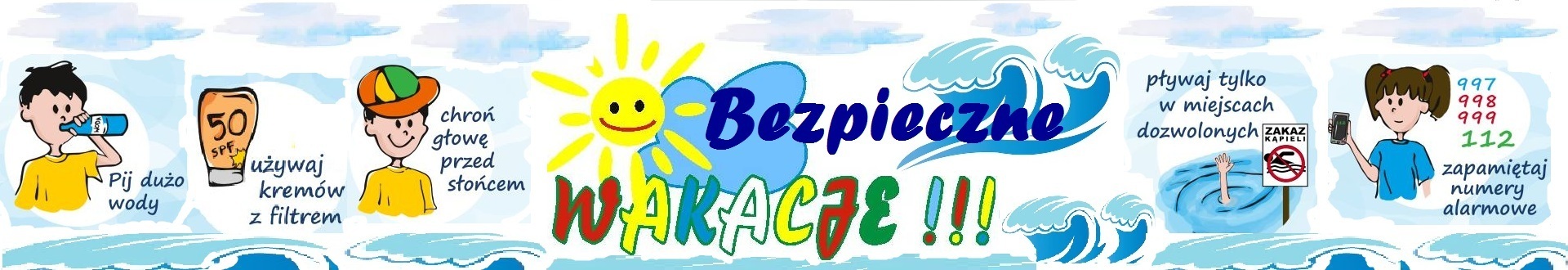 Grafika: zasady bezpiecznych wakacji: grafika i napisy dotyczące ochrony przed słońcem, zakazem kąpieli w miejscach niedozwolonych i numery alarmowe