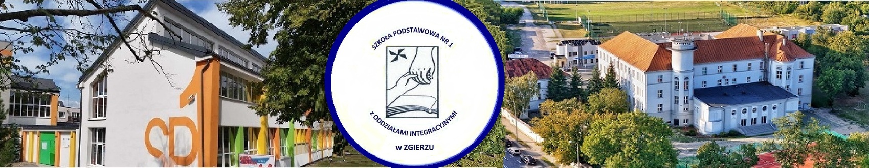 Baner wizerunkowy Szkoły Podstawowej nr 1 budynki przy ul. Piłsudskiego 1 i Musierowicza 2. Zdjęcia szkół. W środku logo szkoły.