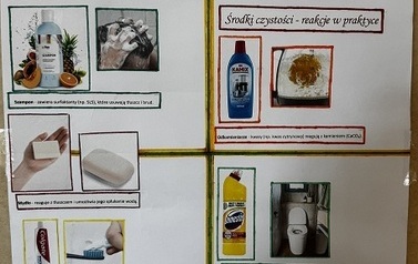 Plakat pt. Środki czystości w praktyce przedstawiający grafikę i opisy znaczenia chemii w życiu codziennym