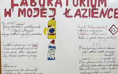 Plakat pt. Laboratorium w łazience przedstawiający grafikę i opisy znaczenia chemii w życiu codziennym