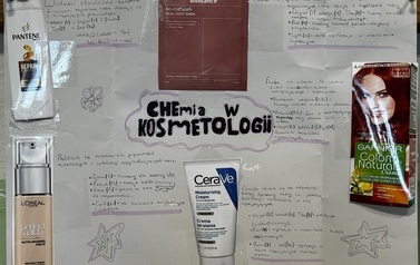 Plakat pt. Chemia na codzień przedstawiający grafikę i opisy znaczenia chemii w życiu codziennym