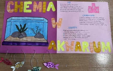 Plakat pt. Chemia w akwarium przedstawiający grafikę i opisy znaczenia chemii w życiu codziennym