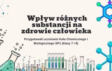Ekran monitora z wyświetlonym tytułem prezentowanego projektu edukacyjnego Wpływ r&oacute;żnych substancji na zdrowie człowieka. 