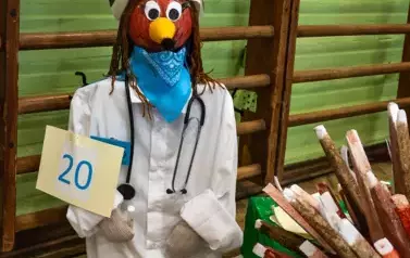 Jeż lekarz chirurg z maseczką niebieską na pyszczku w białym faruchu