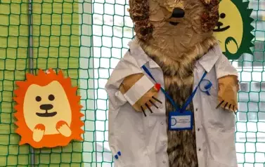 Kukiełka jeża w białym faruchu ze stetoskopem na szyi jeż lekarz