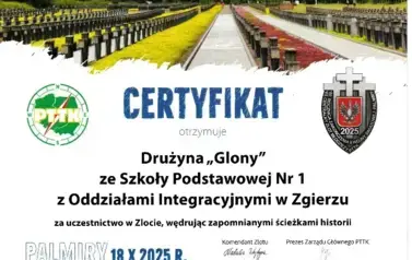 Certyfikat dla szkoły za udział w Centralnym Zlocie Młodziezy - Palmiry 2025
