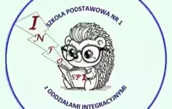 Logotyp: grafika: jeżyk w okularach z książką w ręku w kole z napisem nazyw szkoły. Do książki dochodzi błyskawica z czerwonym napisem info.