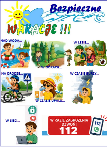Grafika: zasady bezpiecznych wakacji : nad wodą, w g&oacute;rach, lesie, na drodze, w czasie upał&oacute;, burzy w sieci. W dolnym prawym rogu nr alarmowy