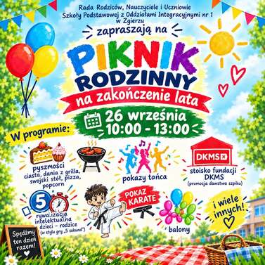 Kolorowy plakat informujący o pikniku szkolnym i atrakcjach