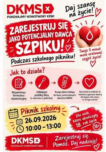 Kolorowy plakat informujący o możliwości rejestracji w banku szpiku kostnego podczas pikniku szkolnego