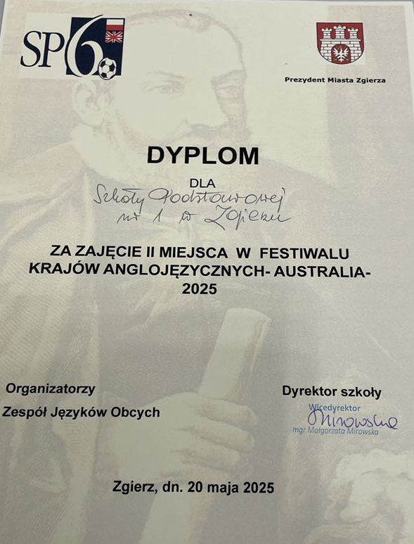 Dyplom dla szkoły za zajęcie II miejsca na&nbsp;IX Festiwalu Kraj&oacute;w Angoljęzycznych