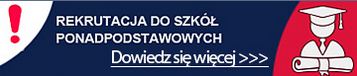 Grafika KO W prawym górnym rogu na białym tle czerwony wykrzyknik. W środku na granatowym tle biały napis: rekrutacja do szkół ponadpodstawowych dowiedz się więcej. Po lewej stronie na czeronym tle obrazek czapki żaka i zwój z dokumentem