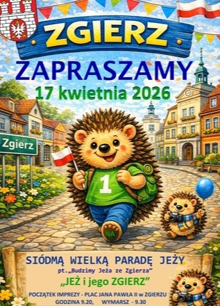 Grafika plakat: jeż spacerujący ulicami miasta. Informacje o&nbsp;organizacji 7 Parady Jeża 