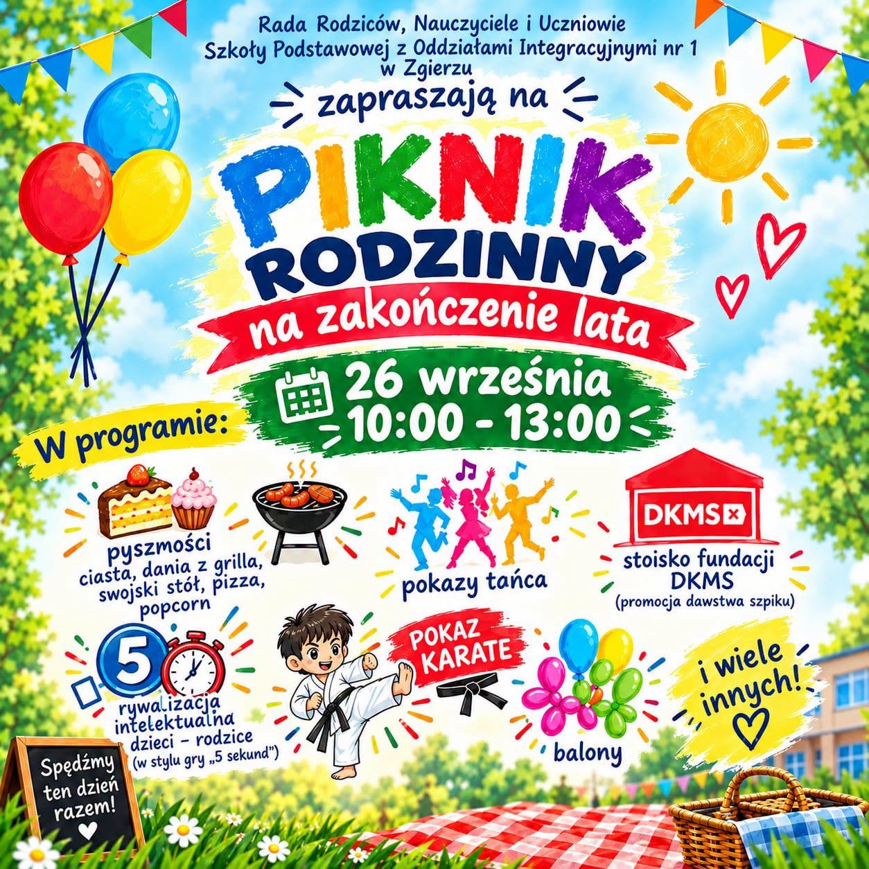 Plakat - zaproszenie na&nbsp;piknik rodzinny. Kolorowe napisy z&nbsp;informacjami o&nbsp;terminie i&nbsp;atrakcjach udekorowane obrazkami