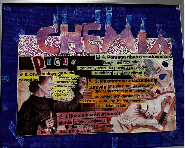 Plakat - grafika: na&nbsp;granatowym tle napisy dlaczego warto uczyć się chemii