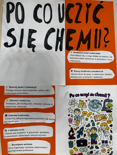 Plakat - grafika: napisy dlaczego warto uczyć się chemii