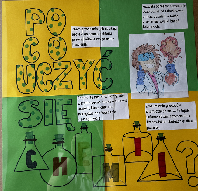 Plakat - grafika: napisy dlaczego warto uczyć się chemii