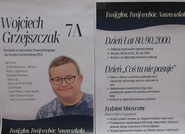 Plakat wyborczy ucznia ze zdjęciem i&nbsp;pomysłami na&nbsp;pracę w&nbsp;Samorządzie uczniowskim