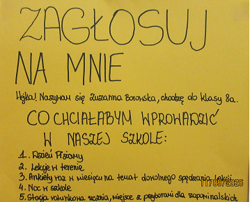 Plakat wyborczy ucznia  i&nbsp;pomysłami na&nbsp;pracę w&nbsp;Samorządzie uczniowskim