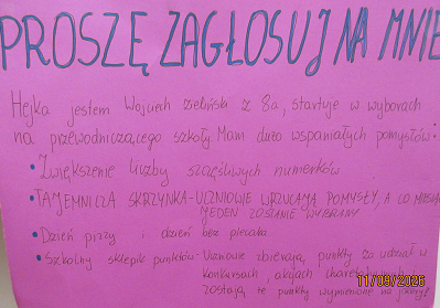 Plakat wyborczy ucznia  i&nbsp;pomysłami na&nbsp;pracę w&nbsp;Samorządzie uczniowskim