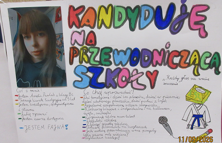 Plakat wyborczy ucznia ze zdjęciem i&nbsp;pomysłami na&nbsp;pracę w&nbsp;Samorządzie uczniowskim