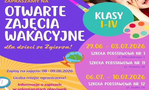 Plakat zachęcający do zapisów  na otwarte zajęcia wakacyjne dla uczniów klas 1-4 Szkoły Podstawowej. Informacja o miejscu i terminie zajęc oraz zapisów.