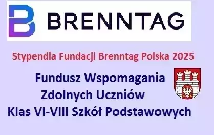 Logo firmy Brenntag. Na szarym tle czerwony napis informujący o stypendium fundacji na 2025 rok. Pod spodem granatowy napis Fundusz wspomagania uczniów zdolnych klas 6-8 szkół podstawowych. Po prawej stronie na wysokości napisu logo miasta Zgierza