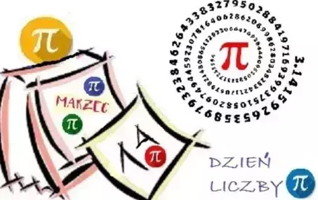 Grafika z napisem w dolnym prawym rogu Dzień liczby pi. Nad napisem symbol grecki liczby pi w kolorze czerwonym w środku koła. Wokół litery w czterech kołach różnej wielkości cyfry określające wartość liczby pi. Po lewej stronie i w centrum grafika karki 