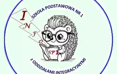 Logotyp: grafika: jeżyk w okularach z książką w ręku w kole z napisem nazyw szkoły. Do książki dochodzi błyskawica z czerwonym napisem info.
