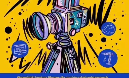 Plakat reklamujący konkurs "Kręci mnie mój zawód:. Na żółtym tle w centralnej części szaro niebieska kamera z niebieskimi rozbłyskami. Na dole organizatorzy i tytuł konkursu na niebieskim tle żłote litery