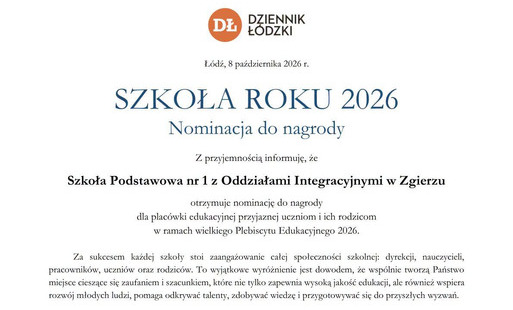 Dokument dziennika łódzkiego informującu o nominacji do Szkoły roku 2026