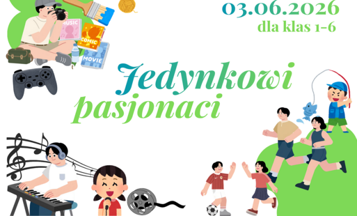 Plakat przedstawiający dzieci grające na instrumentach, śpiewające, biegnące, malujące. Plakat zachęca do udziału w wydarzeniu organizowanym przez szkołę 3 czerwca 2026 r.., w którym ukazane zostaną różne talenty uczniów szkoły i nauczycieli.