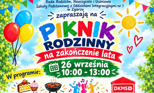 Plakat - zaproszenie na piknik rodzinny. Kolorowe napisy z informacjami o terminie i atrakcjach udekorowane obrazkami