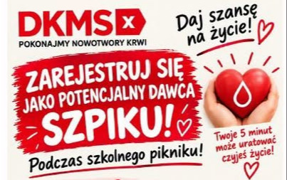 Kolorowy plakat informujący o możliwości rejestracji w baku szpiku kostnego podczas pikniku szkolnego