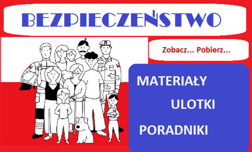 Grafika na biało-czerwonogranatowym tle grafika grupy osób i napisy dotyczące bezpieczeństwa