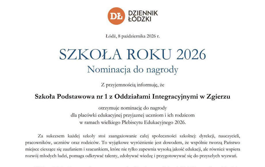 Szkoła Podstawowa nr 1 w Zgierzu nominowana do nagrody Szkoła Roku 2026